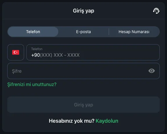 Euro88 giriş ekranı: Telefon, E-posta ve Hesap Numarası sekmeleri, şifre alanı ve Giriş yap düğmesi