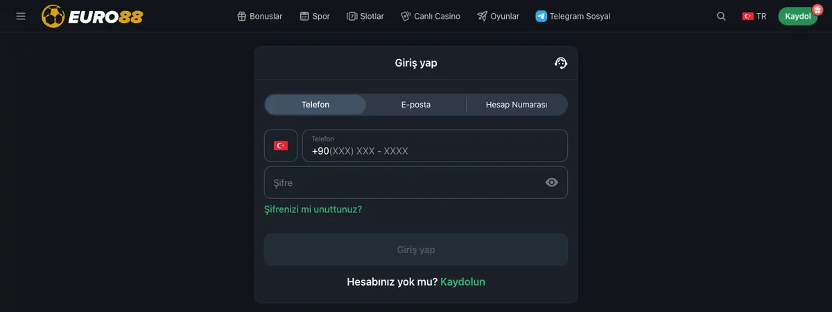 Euro88 giriş formunun üstündeki menü: Bonuslar, Spor, Slotlar, Canlı Casino ve Oyunlar