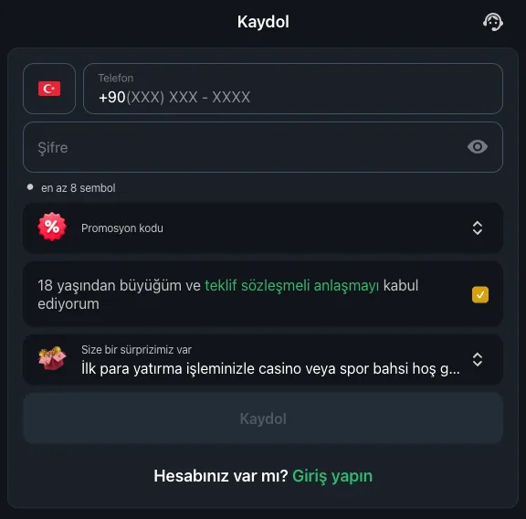 Euro88 kayıt formu: telefon, şifre, promosyon kodu alanı ve 18 yaş onay kutusu